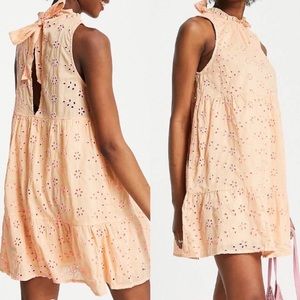 ASOS Tiered Trapeze Peach Contrast Eyelet Dress